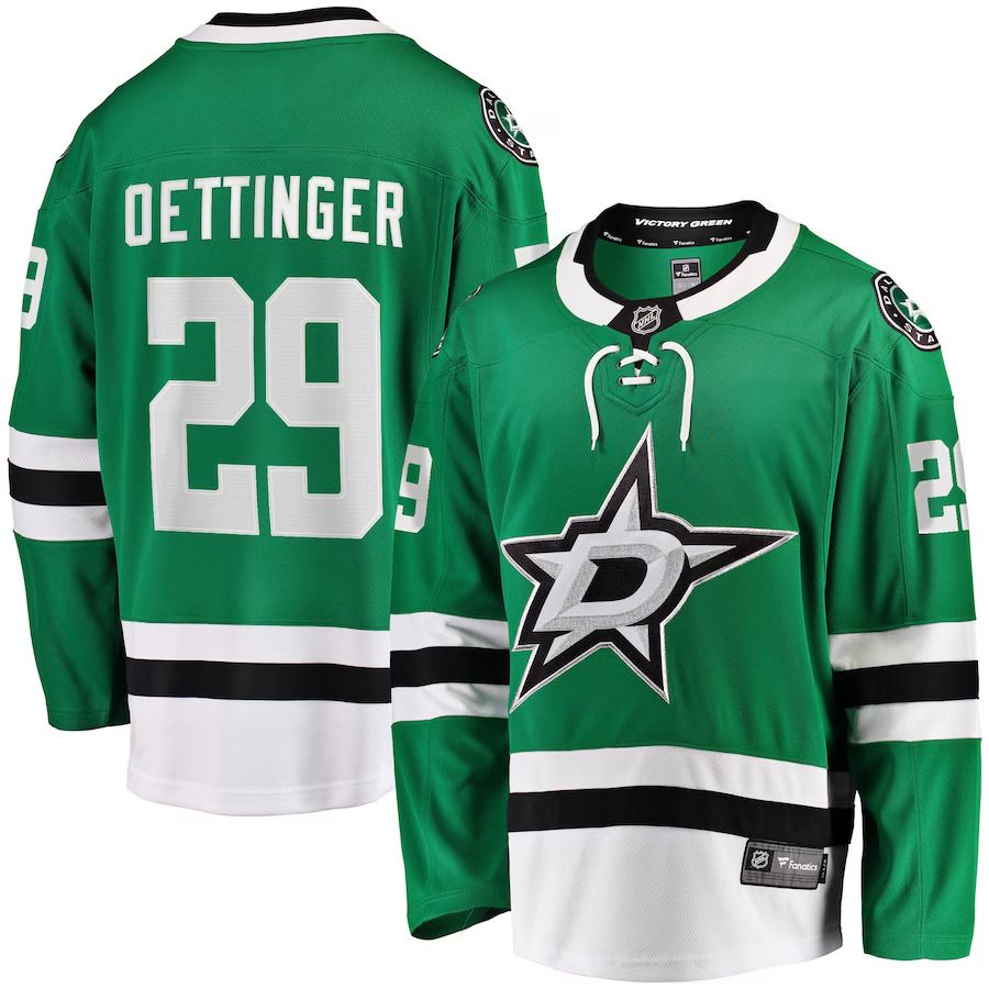 Men Dallas Stars 29 Jake Oettinger Fanatics Branded Kelly Green Home Breakaway Player NHL Jersey